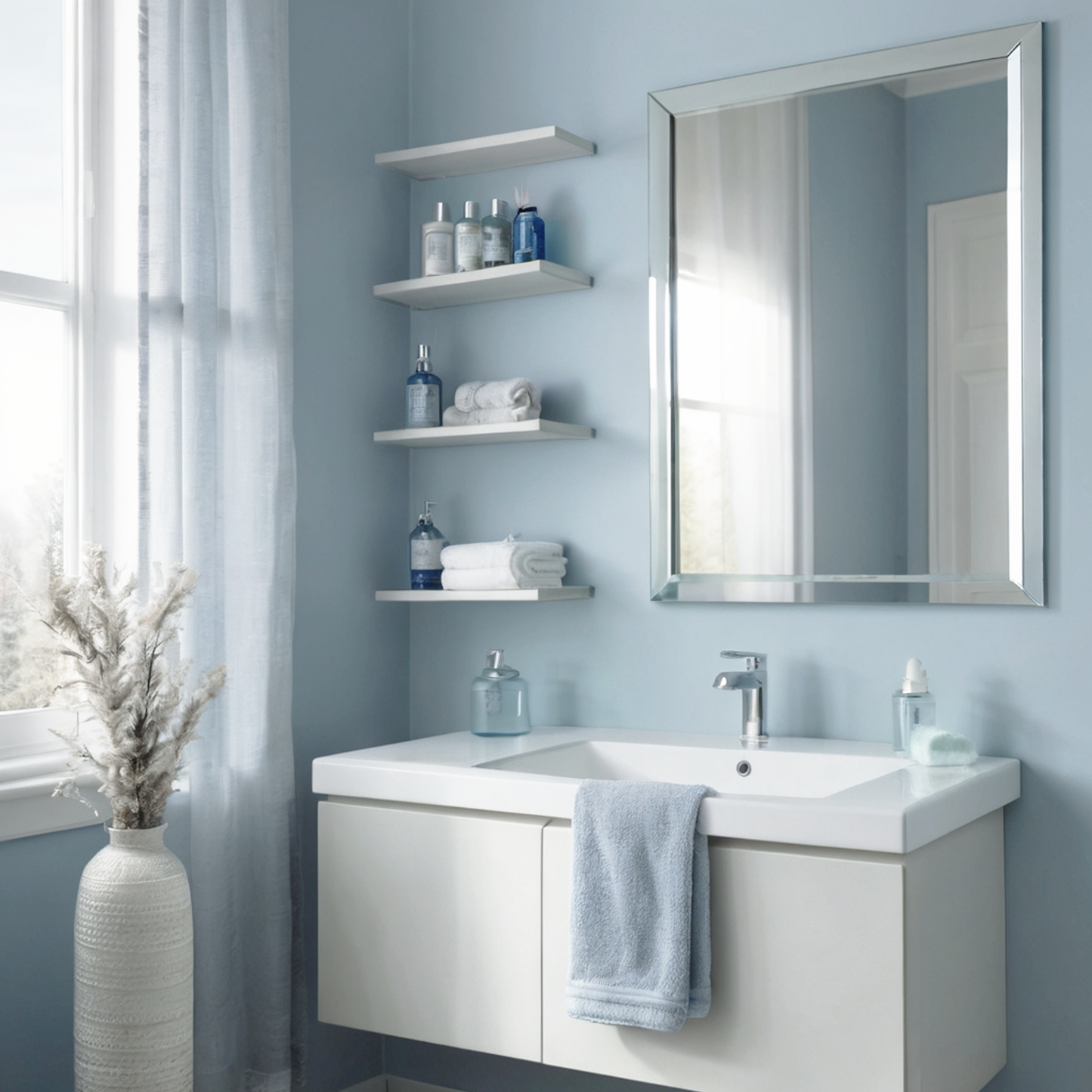 misty blue painted bathroom
