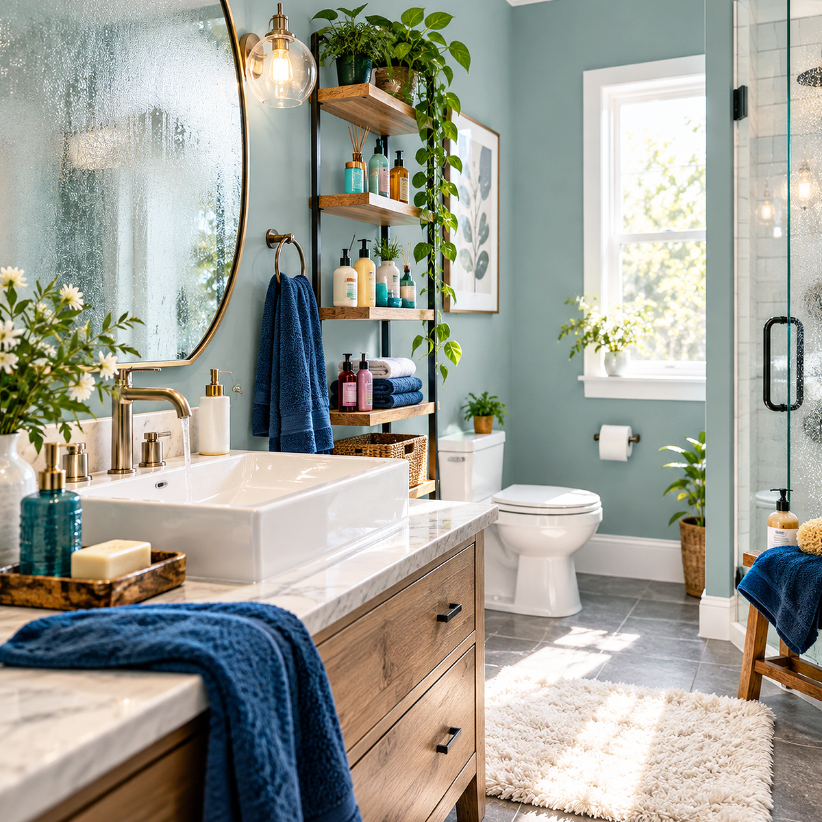 atmospheric painted bathroom