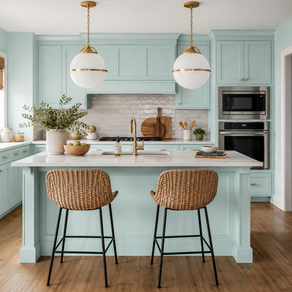 barely teal painted kitchen