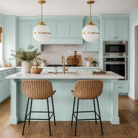 barely teal painted kitchen
