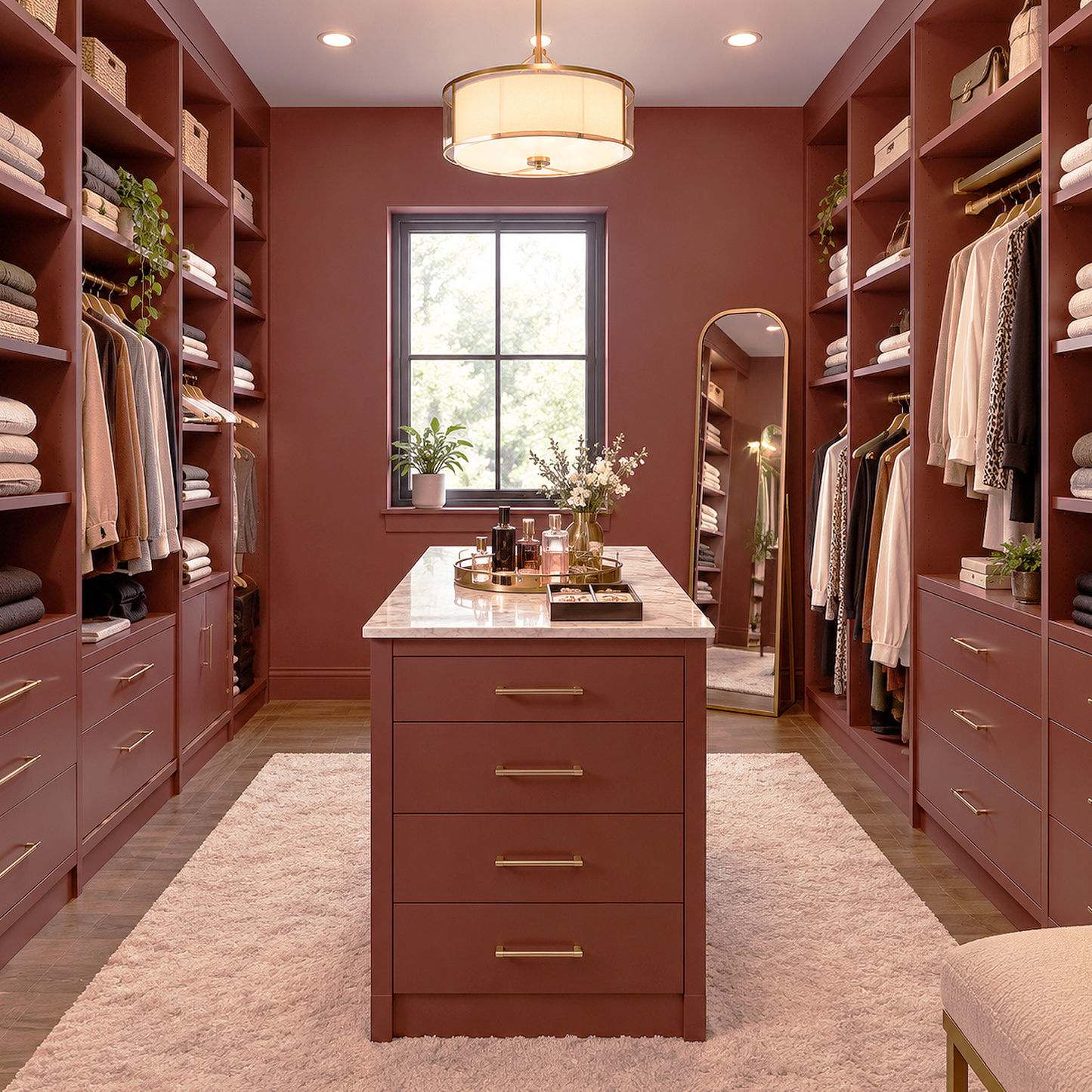 brick red painted walk in closet