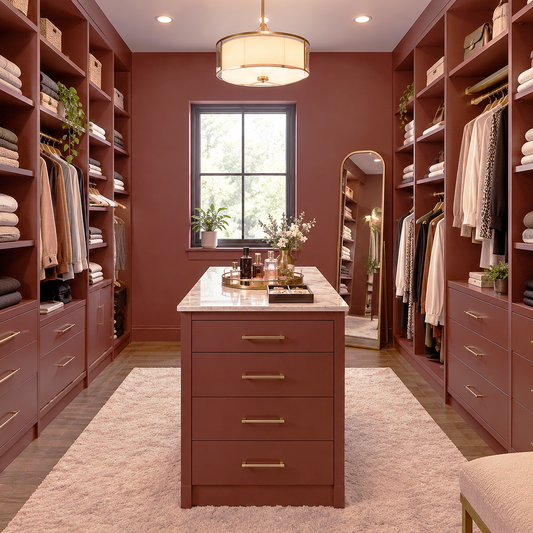 brick red painted walk in closet