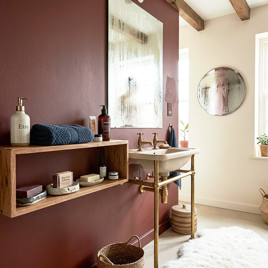 cottage red painted bathroom