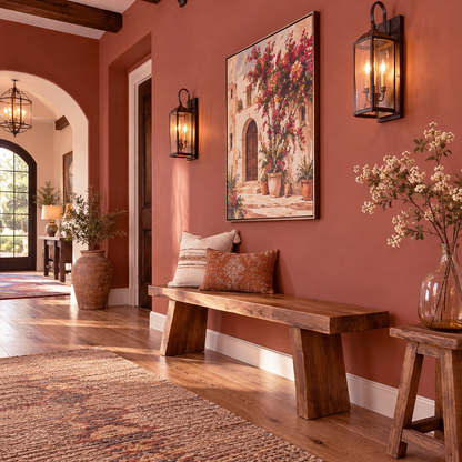 deep poinsettia painted hallway