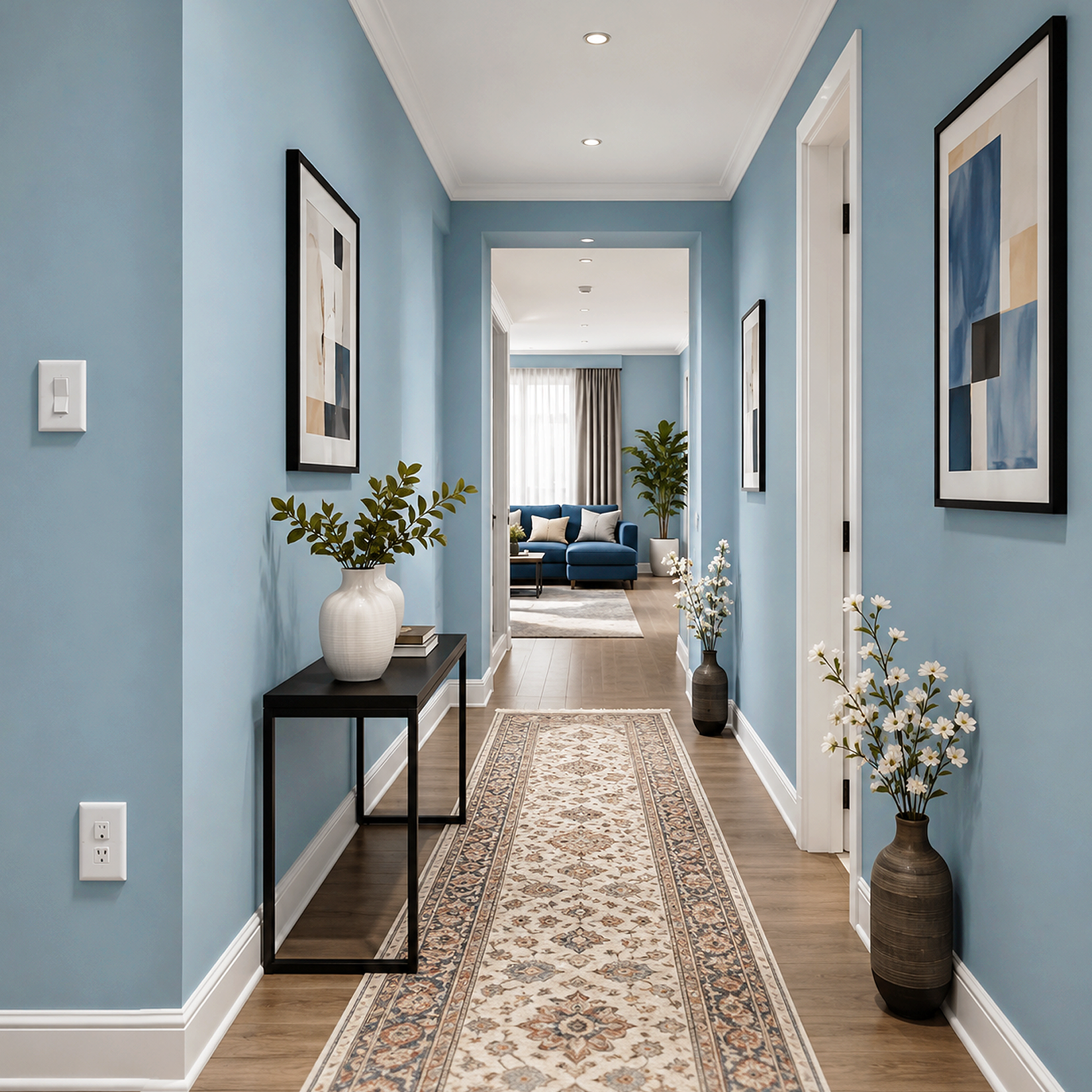 dusty cornflower painted hallway