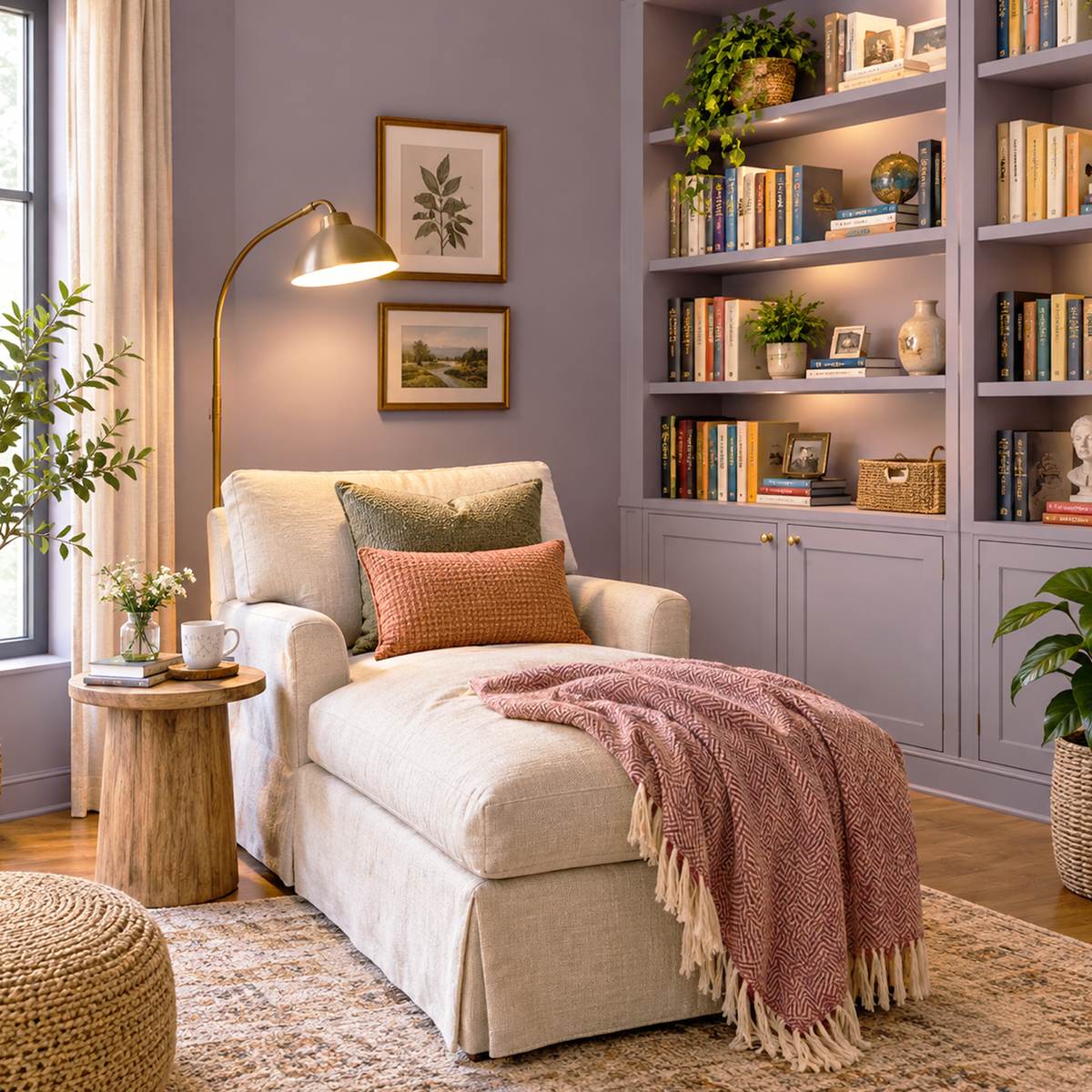 hazy lilac painted reading nook