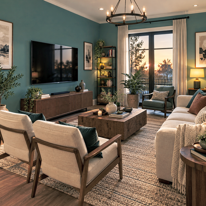 mediterranean teal painted living room
