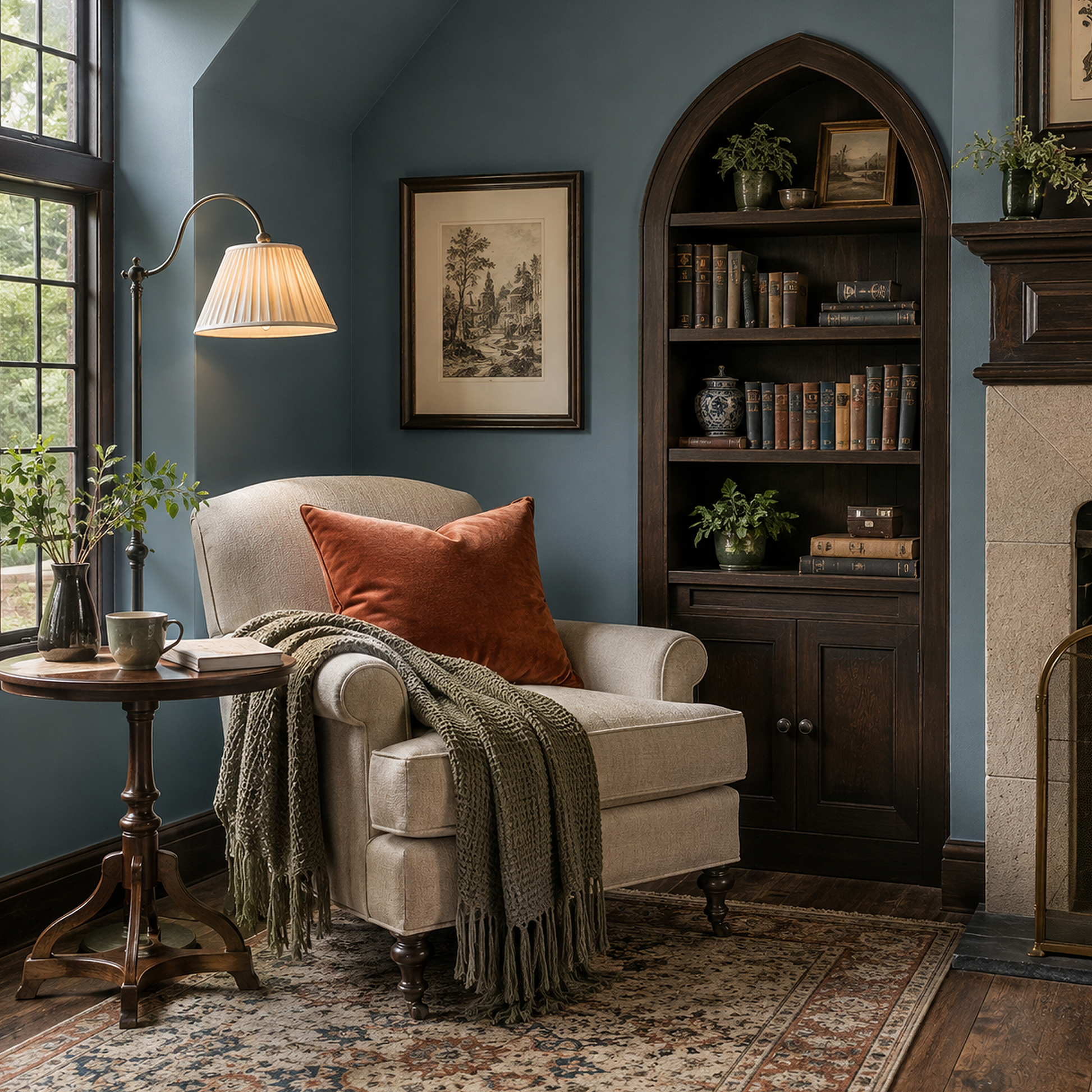 providence blue painted reading nook