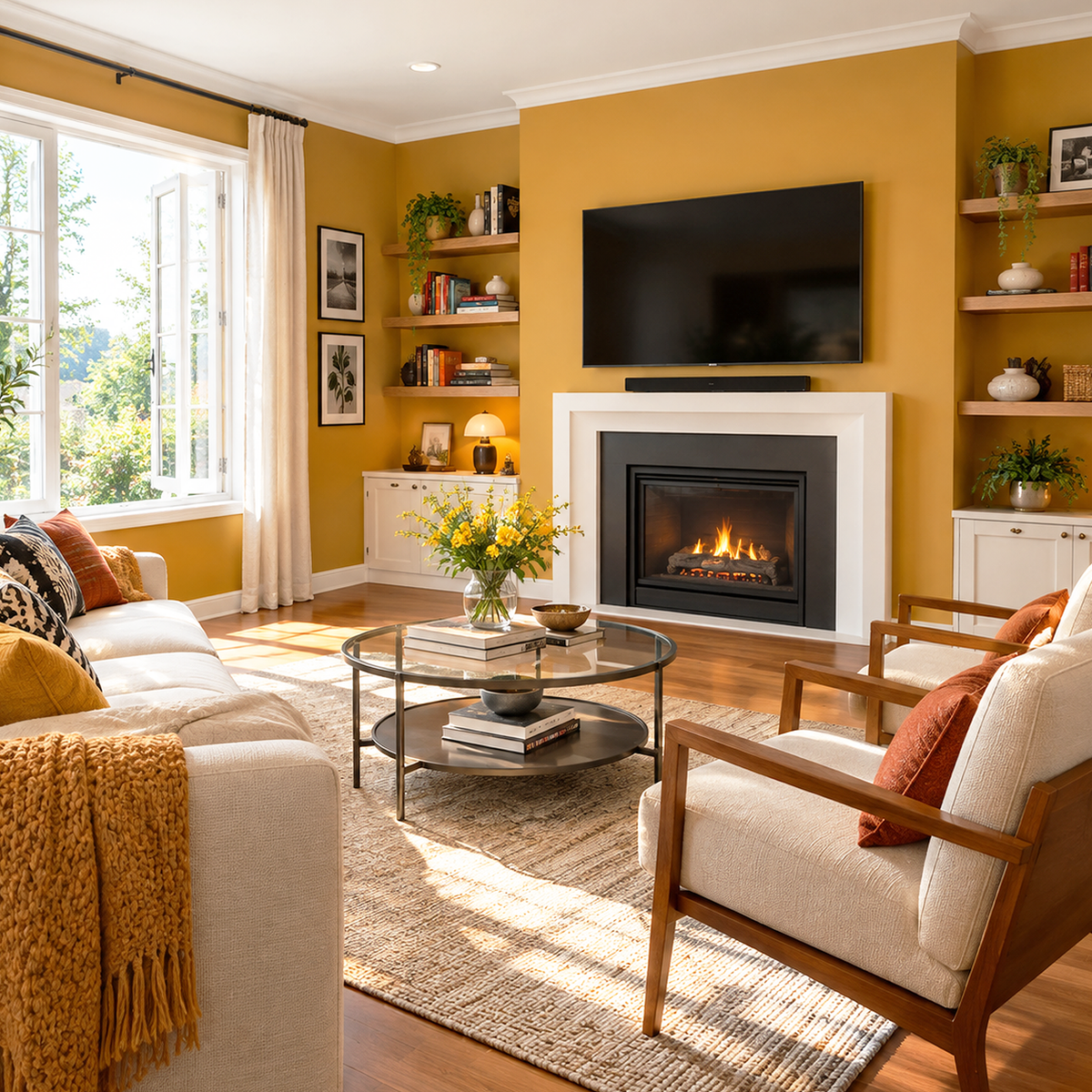 spicy mustard painted living room