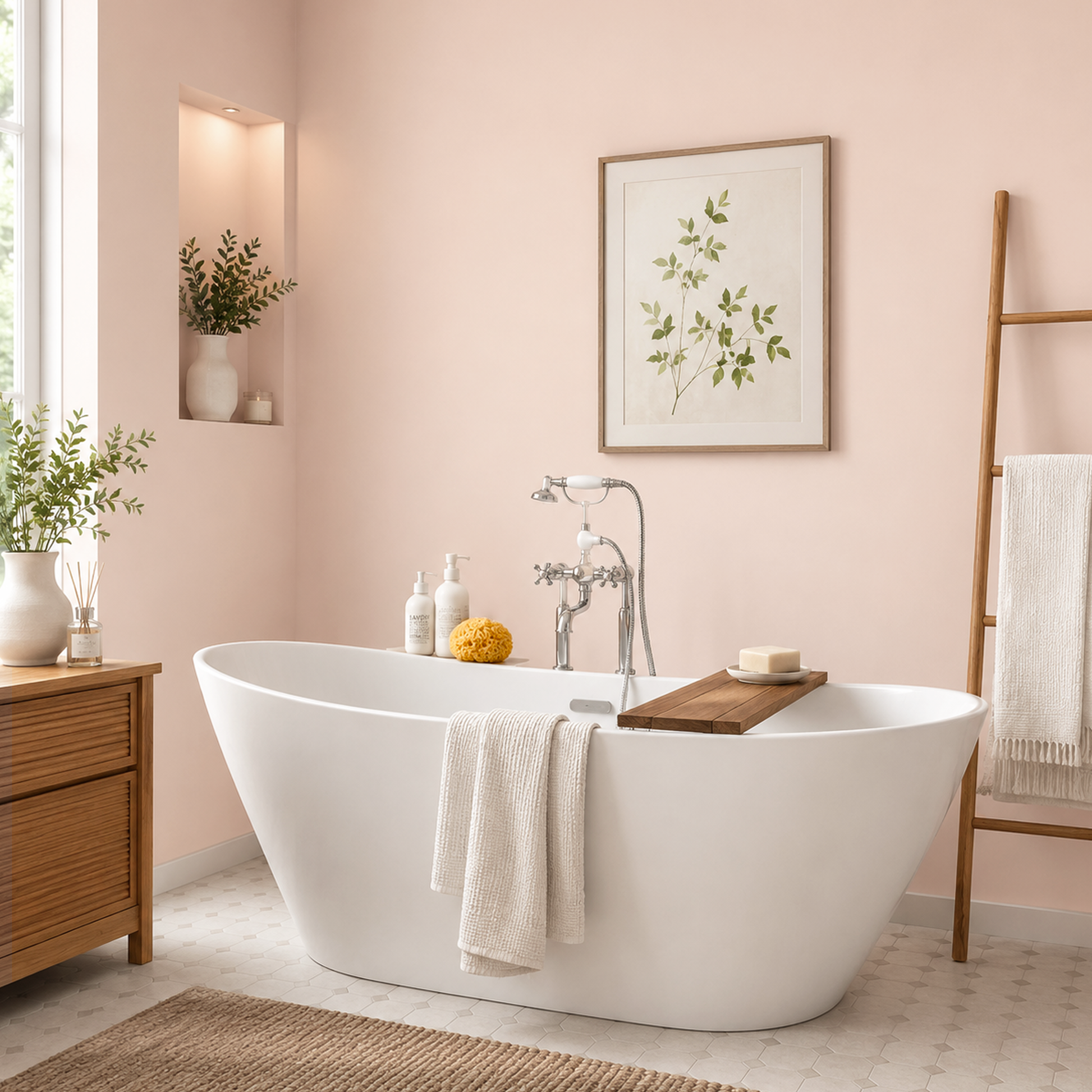 sunlit coral painted bathroom