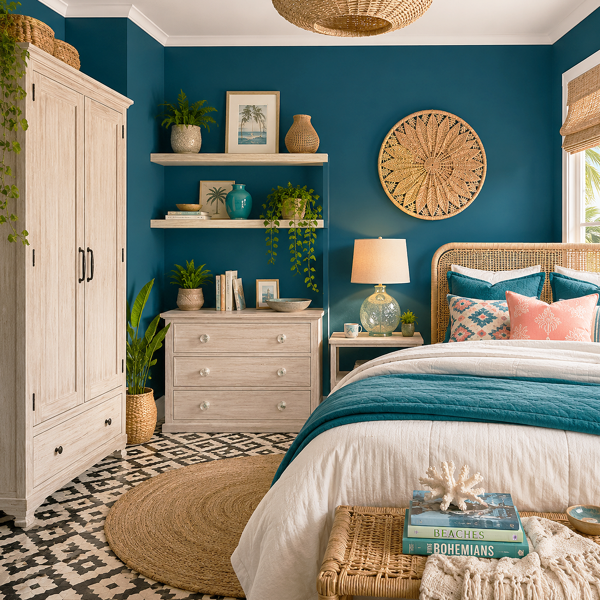 teal painted bedroom