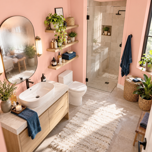 vivid peach painted bathroom